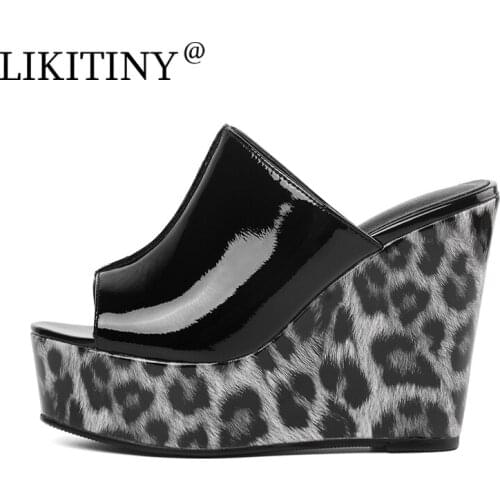 LIKITINY 2021 Summer Wedges heels Genuine Leather leopard platform Slippers peep toe Casual slides Womens shoes shiny leather