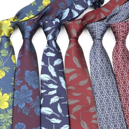 Fashion 7cm Tie Bule Red Yellow Floral Leaf Jacquard Weave Necktie for Men Business Wedding Party Formal Neck Ties Accessories