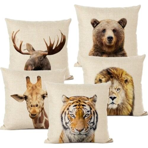 Animal Series Cushion Cover Tiger Brown Bear Lion Decorative Pillows Cover Linen Pillowcase for Cojines Decorativos Para Sofa