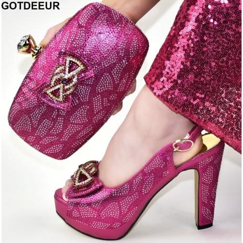 New Lates Fuchsia Color Italian Ladies Shoes and Bag Set Decorated with Rhinestone Italian Shoes with Matching Bags High Quality