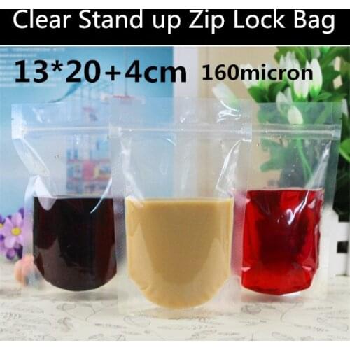 Wholesale 100pcs 13x20cm+4cm 160micron Double Clear Plastic Snack Bag Stand up Clear Zip Lock Liquid Bag