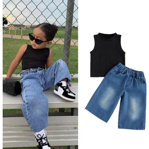 2-7Y Fashion Kids Girls Clothes Sets Sleeveless Pullover Solid Vest Tops Blue Denim Wide Leg Pants