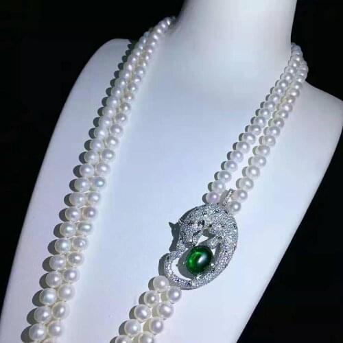 Hot sell new 2strands 7-8mm natural white freshwater pearl necklace zircon accessories fashion jewelry