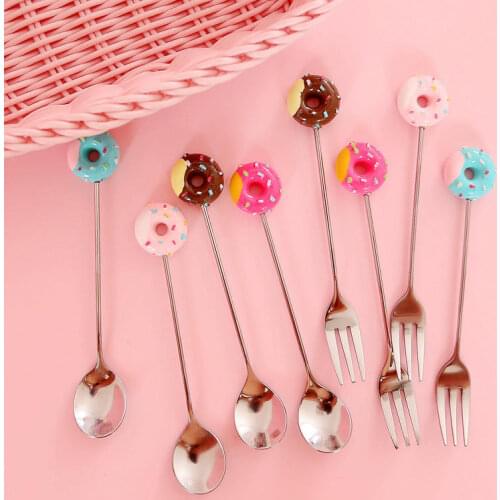 Doughnut Design Stainless Steel Dessert Coffee Spoon Fruit Fork Stirring Baby Kids Ice Cream Fruit Scoop Kitchen Tableware