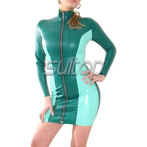 Green color rubber casual dress with long sleeves mini SUITOP