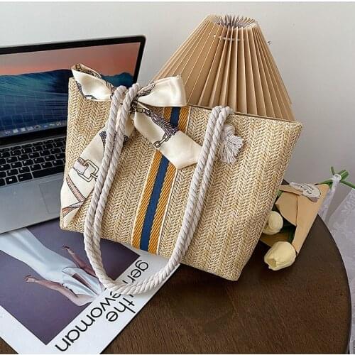 Large Capacity Simple Straw Bag New Fashion Woven Womens Tote Shoulder Bag Trendy Striped Buckle Handbags for Women 2021 Summer