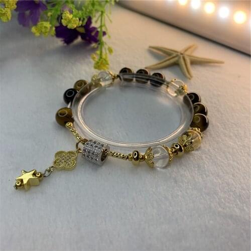 Religious Vintage Natural Tiger Eye Round Beads Bracelet 8mm Pendant Chain Yoga Jewelry Womens Pendant Bangle 7.5inch Y919