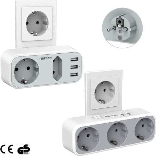 TESSAN 5-in-1 Multiple Socket Power Strip with On/Off Switch 3 USB Ports, 1 EU Outlet and 1 DE/FR Outlet (3600W/16 A) for Home