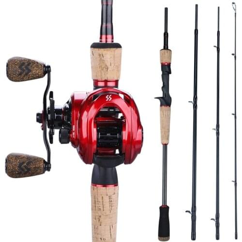 Sougayilang 2.1M-2.4M Casting Fishing Rod Reel Combo 4Sections Carbon Fiber Fishing Rod with 9+1BB 8:1 Baitcasting Reel Pesca