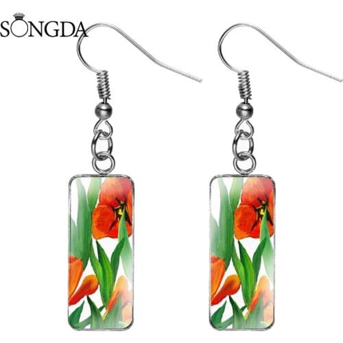 Flower Art Photos Rectangle Fashion Dangle Earrings Stainless Steel Material Female Mid-Length Glass Cabochon Earrings for Women