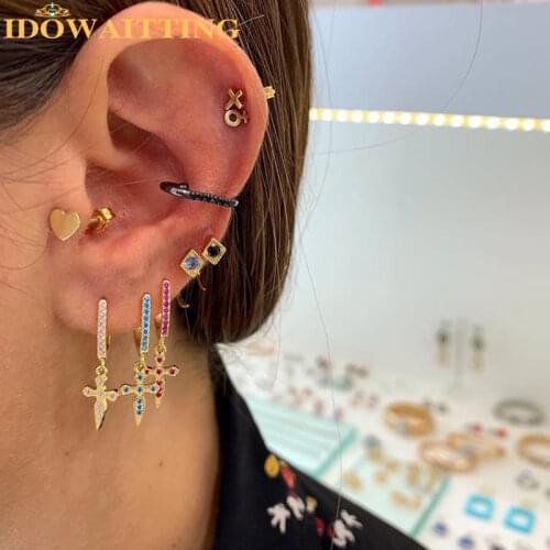 New 100% 925 silver Women boy Costume Jewelry Drop Earrings Cross CHARM PAVE colorful CZ CROSS Gold Color Crosses simple Earring