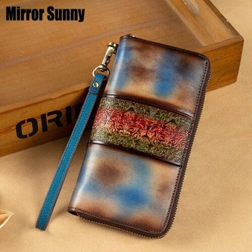 RFID Genuine Leather Womens Long Wallet Retro Fashion Zipper Coin Purse Simple Long Multi-card European & American Clutch Bag