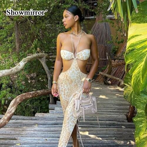 Showmirror Leopard Print Sexy V Neck Halter Midi Dress Women Party Summer Holiday Backless Sleeveless Cut Out Dresses Split