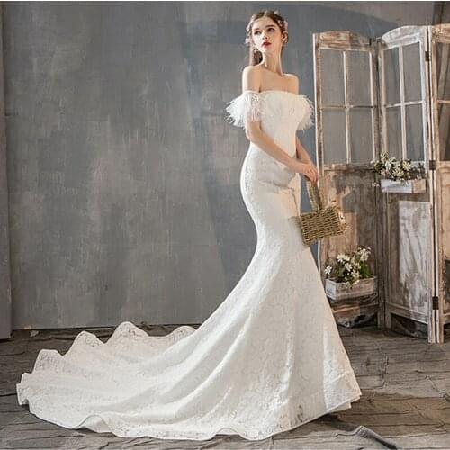 Sexy Boat neck lace fish tail Sweep train bride wedding dress formal dress Summer new 2020 vestido de noiva