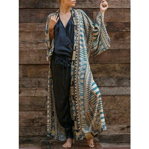 Women Vintage Geometric Printing Beach Kimono Bohemian Oversized Cardigan With Belt Holiday Slim Ethnic Tribe Swimsuits Cover Up