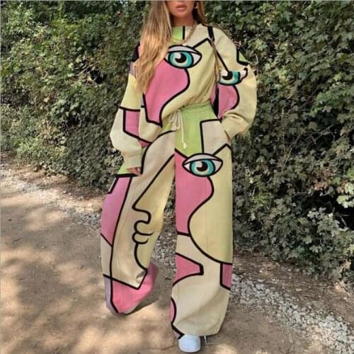 2020 European and American new style womens casual round neck loose print basic womens sweater suit 14