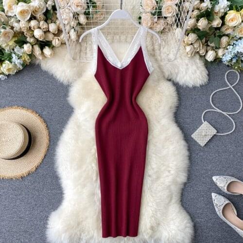 2020 sexy v neck lace patchwork Slim Summer Knitted Sheath Short Dress Women Spaghetti Strap dress Casual Party Bodycon dresses