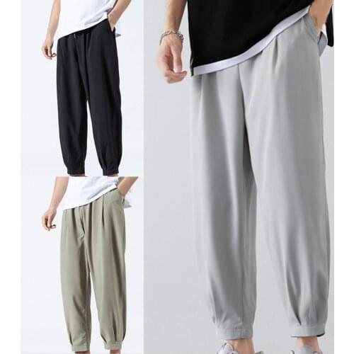 2021 Summer Solid Color Men Pants Ankle-length Smooth Wide Leg Ankle Tied Oversize Pants Sweatpants Comfortable Plus Large Size