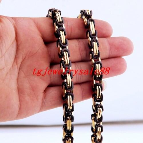 8mm Wide Gold Color And Black Color Byzantine Box Link Chain Necklace Or Bracelet Cool Mens Womens Stainless Steel Jewelry 7-40"