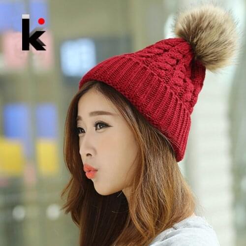 Free Shipping Winter Cap Female Beanies Knitted Imitate The Fox Fur Ball Hat Casual Knitted Warm Hats For Women