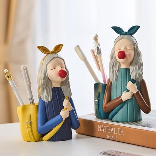 Bubbles Girl Resin Pen Holder Pencil Pot Cute Girls Headmakeup Brush Storage Box Flower Vases Pen Organizer Student Desk Decor