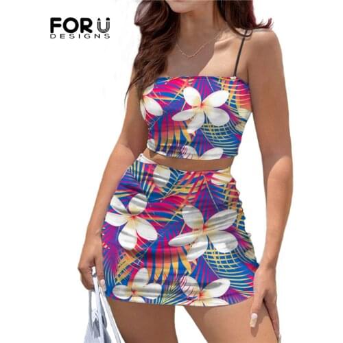 FORUSEDIGNS Summer Women Dresses Hawaiian Colorful Palm Leaf Plumeria Printed Sleeveless Camis Crop Tops Skirts 2 Piece Set