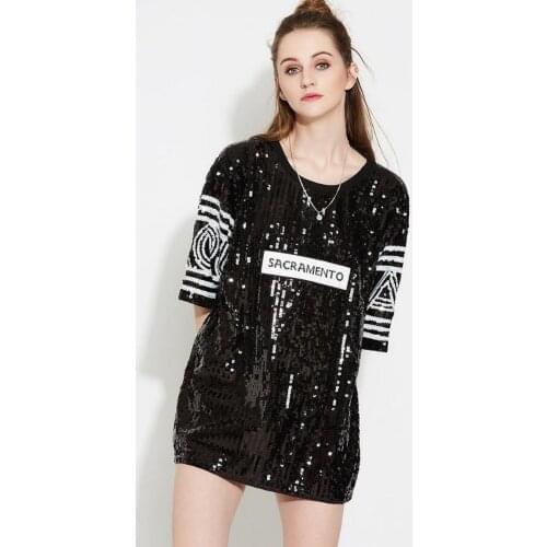 H80&S90 Hip-Hop T-Shirt Women Sequin Costumes Loose Singer Paillette Jazz DS Costume Tops Female Bar Club DJ Pole Dance Dress