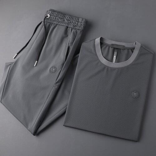 JSBD high-end business rope leisure suit mens summer ultra-thin light luxury ice silk short sleeve round collar sports cool and