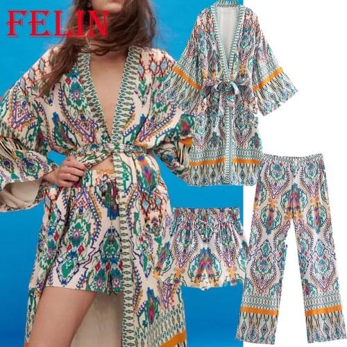 Za 2021 Women Vintage Kimono Set 2 Pieces Oversized Long Sashes V Neck Kimono Shirts and High Waist Wide Leg Shorts Stylish Suit