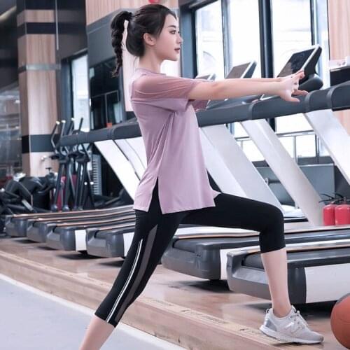 Yoga Set Women Plus Size Breathable Short Sleeve Shirt Patchwork Top Shorts Pant Gym Fitness Outfits Sports Clothes Summer 2 Pcs