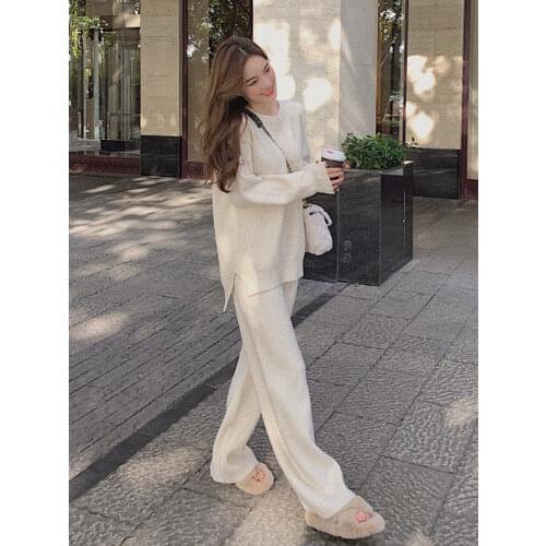 Two Piece Set Knit Straight Pants Suit Pullover Sweater Knit Tracksuit Women High Waist Spring Autumn Clothes Floor Pants