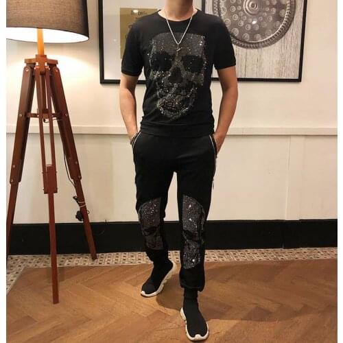 European style mens suit spring and summer hot drilling skull short sleeve pants personalized fashion brand two piece set