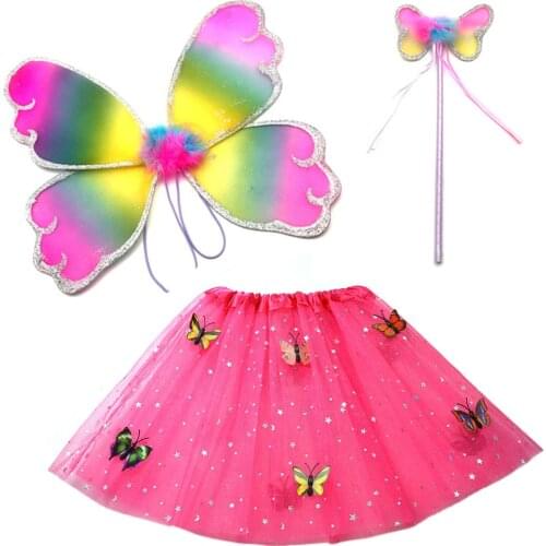 Red Girl Butterfly Fairy Wing Skirt Magic Rod Wands Princess Animal Costume for Kids Dress Up Birthday Party Halloween Cosplay