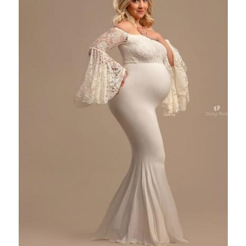 Fashion Maternity Dress for Photo Shoot Maxi Maternity Gown Long Sleeves Lace Stitching Fancy Women Maternity Photography Props