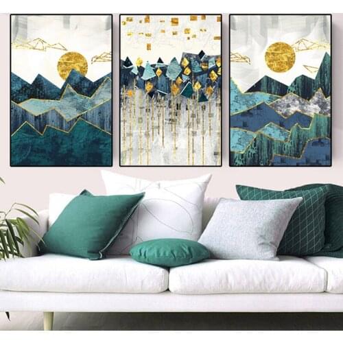 Nordic Abstract Geometric Mountain Landscape Wall Art Canvas Painting Golden Sun Art Poster Print Wall Picture for Living Room