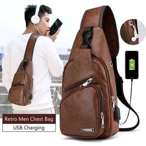 New Retro Mens Chest Bag PU Leather Soft Surface Shoulder Bag Usb Charging Multifunctional Outdoor Messenger Bag