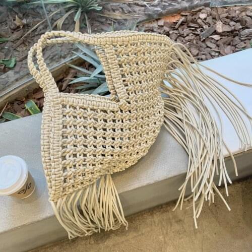 New Cotton Thread Knitted Women tassel Handbags Ladies Net Hollow Out Tote Bag Female Woven Shoulder Beach Bag Sets Whole Sale