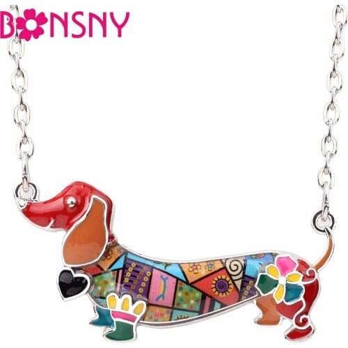 Bonsny Enamel Alloy Dachshund Dog Necklace Pendant Chain Collar Choker Elegant Animal Jewelry For Women Girls Gifts Party Bijoux