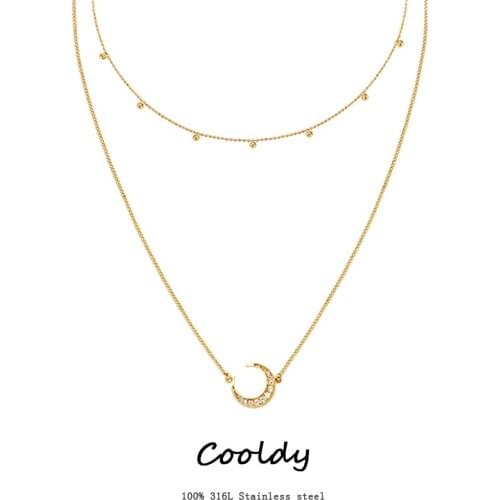 Stainless Steel Necklace For Women Gold Multilayer Necklace Long Moon Lock Pendant Necklaces Circle Coin Chain Necklaces Jewelry