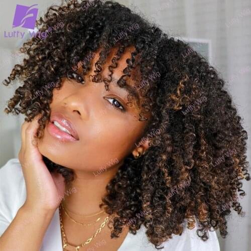 Ombre Human Hair Wig With Bangs Brazilian Remy Hair Afro Kinky Curly Wigs No Lace Glueless 200Density For Black Women LUFFY