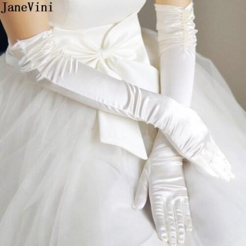 JaneVini 2019 White Long Bridal Gloves Elbow Length Woman Wedding Glove Full Finger Satin Gloves Bridal Gloves for Evening Party
