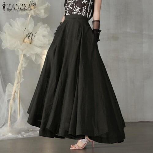 ZANZEA Stylish Spring Maxi Skirts Womens Pleated Sundress Casual Elastic High Waist Long Skirts Female Solid Robe Plus Size 5XL