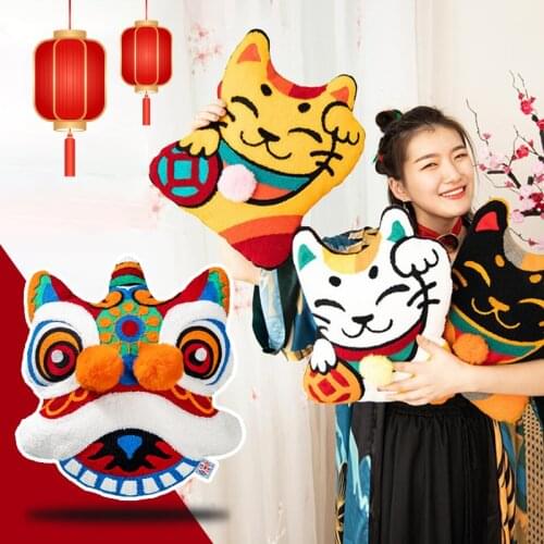 Joy Chinese Traditional Dance Lion Embroidery Cushion Sofa Chair Car Waist Cushion Wedding Bedding New Year Decorative Pillow
