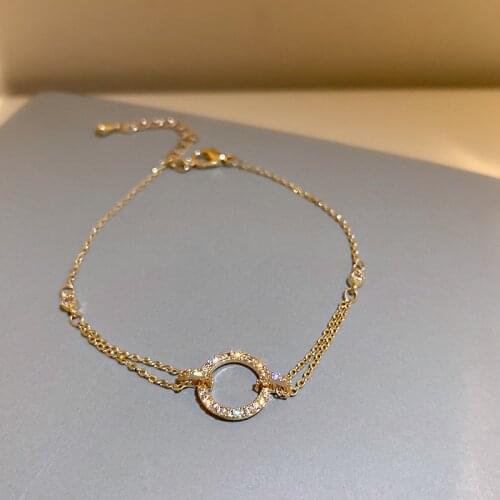 Minar Charms Shiny Rhinestone Charm Bracelet for Women Gold Color Linked Small Circle Letter Print Bracelets Chic Accessories