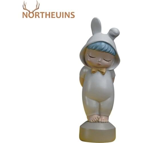 NORTHEUINS Resin Standing Green Bunny Boy Figurines For Interior Home Decoration Accessories Aesthetic Room Decor Statuette Gift