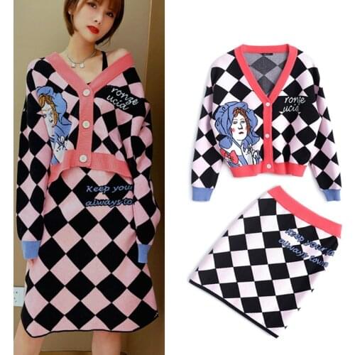Spring Autumn New Lolita Style Pink Cute Cartoon Cardigan Loose Sweaters And Skirts For Young Ladies Party Skirts Suit NS971