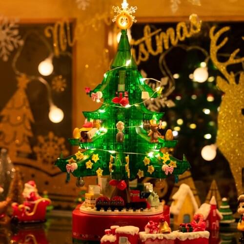 Christmas Tree rotating Building Blocks with Music LED Lighting Effect Bricks Toys Santa Claus winter holiday gift for kids