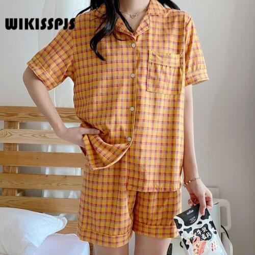 WIKISSPJS New Simple Leisure Orange Plaid LAPEL SUIT Pajama Girl Two Piece Set Summer Sleepwear Lounge Wear Sleep Tops