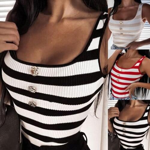Womens Sleeveless T-shirts Summer Tank Tops U-Neck New Button Stripe Big Size Casual Shirt Ladies Tops 2021