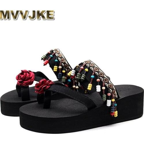 MVVJKEWomens High-heeled Slippers Female new Summer Sandals National Wind Retro Seaside Beach Thick Bottom Flip Flops Shoes